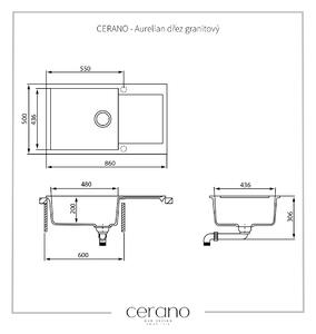 CERANO - Aurelian drez granitový, 1-komorový s odkvapkávačom, 860 x 500 mm - biela matná
