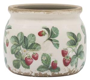 Krémový antik keramický obal na kvetináč s jahôdkami Fraises - Ø 12*9 cm - Chic Antique