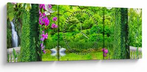 Obraz - Čarovná záhrada s labuťami (s hodinami) (90x30 cm)