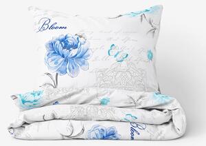 Goldea bavlnené posteľné obliečky - modré pivonky s textami 140 x 200 a 70 x 90 cm