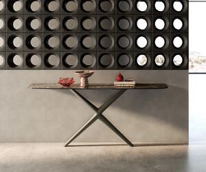 DELIFE Konzolový stolík Edge zaoblený 180×40 cm keramika Emperador Extra Lucidato tmavohnedá Estelo kov titánová farba