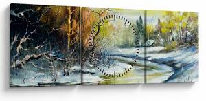 Obraz zimnej rieky, olejomaľba (s hodinami) (90x30 cm)