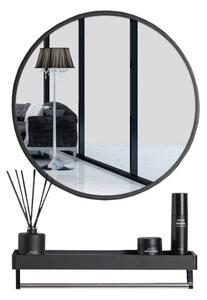 Čierne okrúhle zrkadlo s poličkou BREDO Ø70 cm