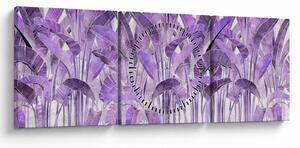Obraz - Fialové listy v omietke (s hodinami) (90x30 cm)