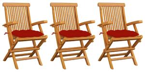 Záhradné stoličky s červenými podložkami 3 ks tíkový masív