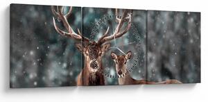 Obraz - Jeleň a laň v zasneženom lese (s hodinami) (90x30 cm)