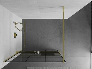Mexen Kioto+, sprchová zástena s poličkou a držiakom na uteráky 100 x 200 cm, 8mm číre sklo vzor čierny, zlatý profil, 800-090-121-50-77
