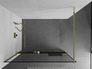 Mexen Kioto+, sprchová zástena s poličkou a držiakom na uteráky 70 x 200 cm, 8mm číre sklo vzor čierny rám, zlatý profil, 800-070-121-50-70