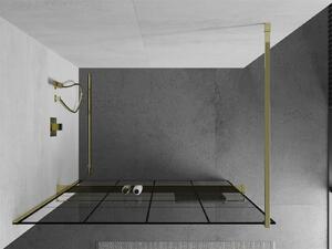 Mexen Kioto+, sprchová zástena s poličkou a držiakom na uteráky 130 x 200 cm, 8mm číre sklo vzor čierny, zlatý profil, 800-130-121-50-77