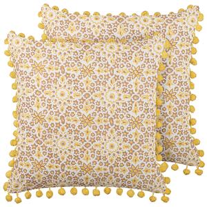 Sada 2 dekoratívnych vankúšov žltá bavlna 45 x 45 cm geometrický vzor bloková tlač brmbolce boho štýl doplnky