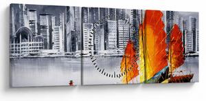 Obraz - Victoria Harbor, Hong Kong, čiernobiela olejomaľba (s hodinami) (90x30 cm)