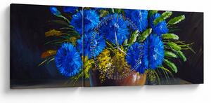 Obraz modrých kvetov vo váze (s hodinami) (90x30 cm)