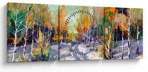 Obraz - Zasnežená cesta lesom, olejomaľba (s hodinami) (90x30 cm)