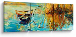 Obraz - Jazero s loďkami (s hodinami) (90x30 cm)