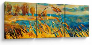 Obraz - Západajúce slnko nad jazerom, akrylová maľba (s hodinami) (90x30 cm)