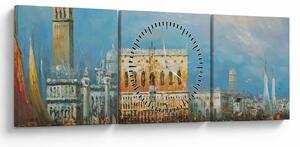 Obraz - Gondola prechádzajúca Benátkami, olejomaľba (s hodinami) (90x30 cm)
