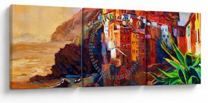 Obraz - Dedina na pobreží Cinque Terre, Talianska riviéra, moderný impresionizmus (s hodinami) (90x30 cm)