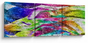 Obraz - Tehlový múr s farebnými plameňmi (s hodinami) (90x30 cm)