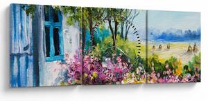 Obraz záhradky pred domom, olejomaľba (s hodinami) (90x30 cm)