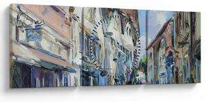 Obraz - Ulička starého mesta, akrylová maľba (s hodinami) (90x30 cm)