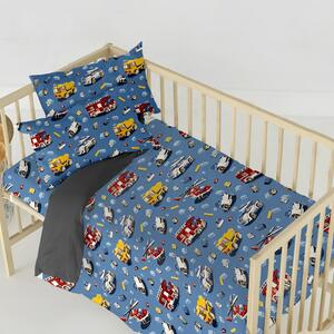 Ervi Bavlnené obliečky do postieľky DUO - autíčka a vrtuľníky na modrom/šedé