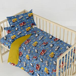 Ervi Bavlnené obliečky do postieľky DUO - autíčka a vrtuľníky na modrom/žlté