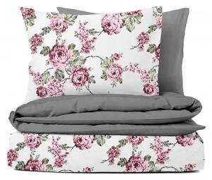 Ervi bavlnené obliečky DUO - ružové kvety na bielom/šedé
