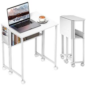 HOMCOM, skladací písací stôl, malý, 63 cm, biely, s kolieskami