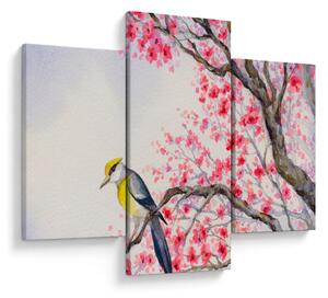 Obraz - Vtáčik na strome s červenými kvetmi (90x60 cm)