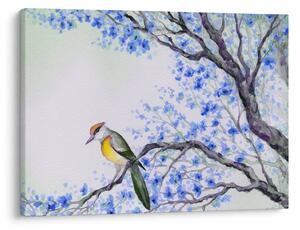 Obraz - Vtáčik na strome s modrými kvetmi (70x50 cm)
