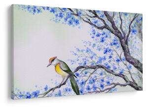 Obraz - Vtáčik na strome s modrými kvetmi (90x60 cm)
