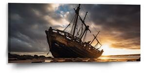 Sablio Obraz Vrak lode pri západe slnka - 110x50 cm