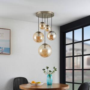 Lindby Teeja závesná lampa, 5 sklenené gule jantár