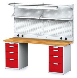 Dielenský stôl MECHANIC I + 2x závesný box, nadstavba, polica, el. zásuvky a osvetlenie , 8 zásuviek, 2000x700x880 mm, červené dvere