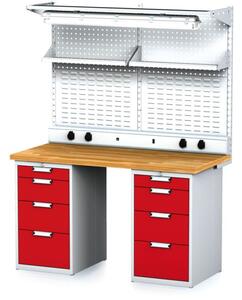 Dielenský stôl MECHANIC I + 2x závesný box, nadstavba, polica, el. zásuvky a osvetlenie , 8 zásuviek, 1500x700x880 mm, červené dvere