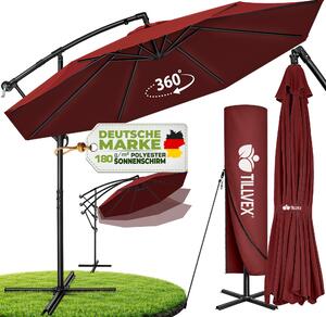 Tillvex slnečník červený Ø 350 cm závesný slnečník záhradný slnečník trhový slnečník kľukový balkón hliníkový sklápací
