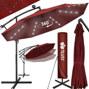 Tillvex hliníkový konzolový slnečník červený LED solárny Ø 350 cm s kľukou | slnečník s vypínačom | záhradný slnečník UV ochrana hliník | slnečník na kľuku so stojanom trhový slnečník vodotesný