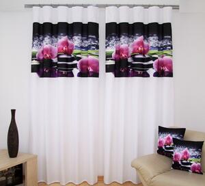 Biela luxusná záclona s čiernym motívom ružových orchideí Šírka: 160 cm | Dĺžka: 250 cm (v sade sú 2 kusy)