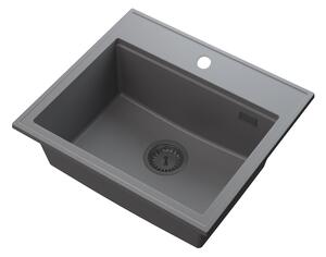 Sink Quality Ferrum New 5055, 1-komorový granitový drez 560x500x210 mm + grafitový sifón, šedá, SKQ-FER.5055.G.XB