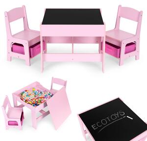 Zostava detského nábytku, stôl + 2 stoličky, kriedová tabuľa, ružová, ECOTOYS