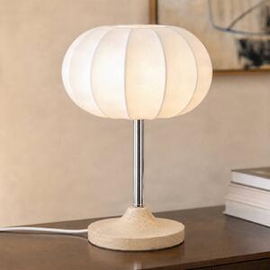 NOLA Stolová lampa Elovie, prírodná farba/chróm, látka/travertín, 35 cm, Biela / opálová, Obývacia izba / jedáleň, Kameň, Škandinávsky, Stojacie svietidlo