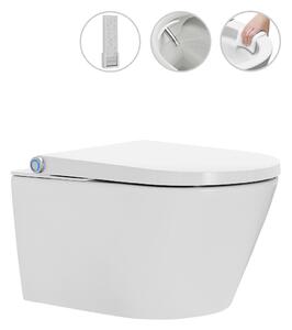 CERANO - Závesná WC misa s integrovaným elektronickým bidetom Cronus Pro, Vortex Rimless 180 ° + UF sedátko - biela lesklá - 59,3x38,4 cm