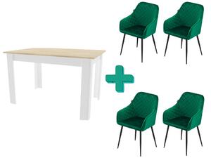 Jedálenský set 1+4, biely stôl v dekore dub sonoma MADO 120x80cm a zelené zamatové jedálenské kreslo NUGAT