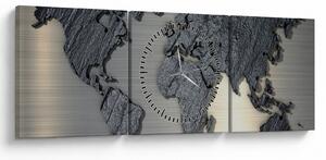 Obraz - Mapa sveta v kamennej textúre (s hodinami) (90x30 cm)