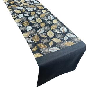 Čierna dekoračná štóla s motívom zlatého lístia Šírka: 35 cm | Dĺžka: 140 cm
