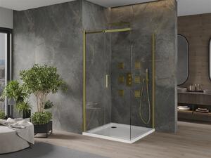 Mexen Omega, sprchovací kút s posuvnými dverami 100 (dvere) x 100 (stena) cm, 8mm číre sklo, zlatý profil + slim sprchová vanička 5cm, 825-100-100-50-00-4010