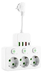 Toolight Toolight, JNH018, zásuvkový rozbočovač 3 zásuvky + 3× USB-A + USB-C s LED svetlom, biela, OSW-56306