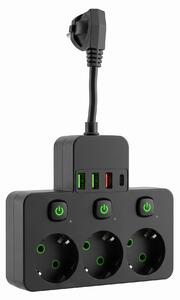 Toolight Toolight, JNH018, zásuvkový rozbočovač 3 zásuvky + 3× USB-A + USB-C s LED svetlom, čierna, OSW-56307