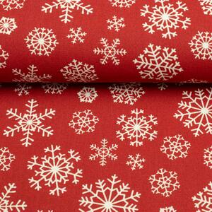 Metráž Bavlna vzorovaná - Vianoce Biele vločky na červenom