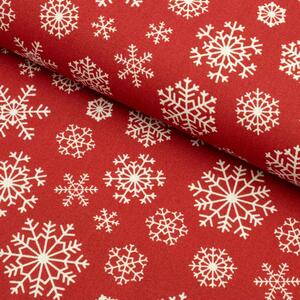 Metráž Bavlna vzorovaná - Vianoce Biele vločky na červenom